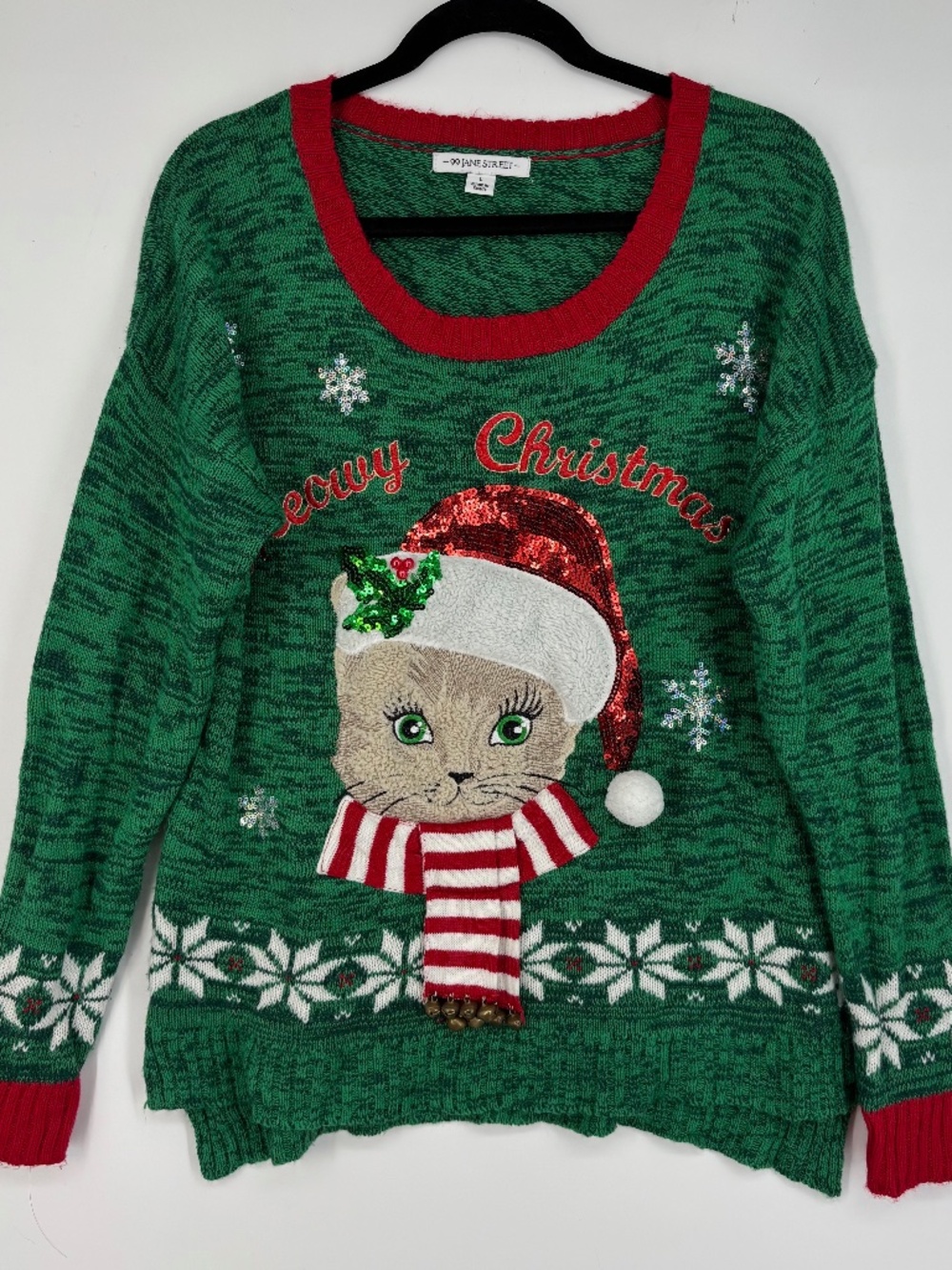99 Jane Street Womens Large Ugly Christmas Cat Sweater Green Scarf Jingle Bells